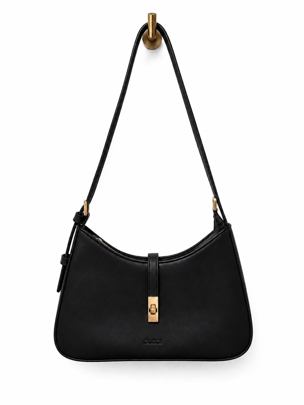 Black Shoulder Bag | Gold Hardware | Minimalist Baguette Purse